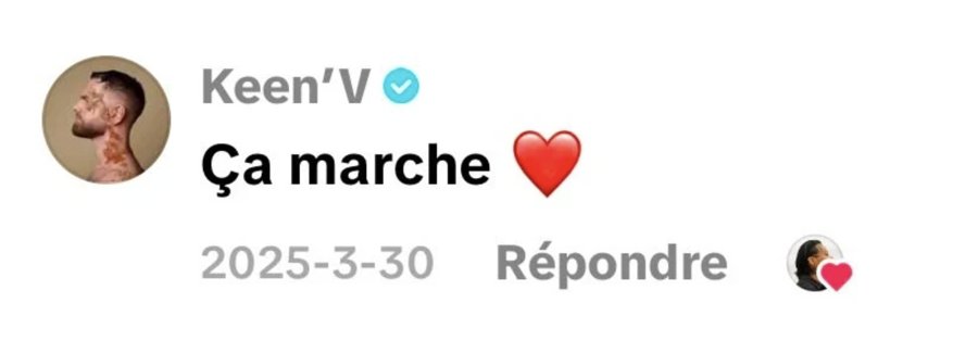 Commentaire Instagram de Keen'V : Ça marche ❤️